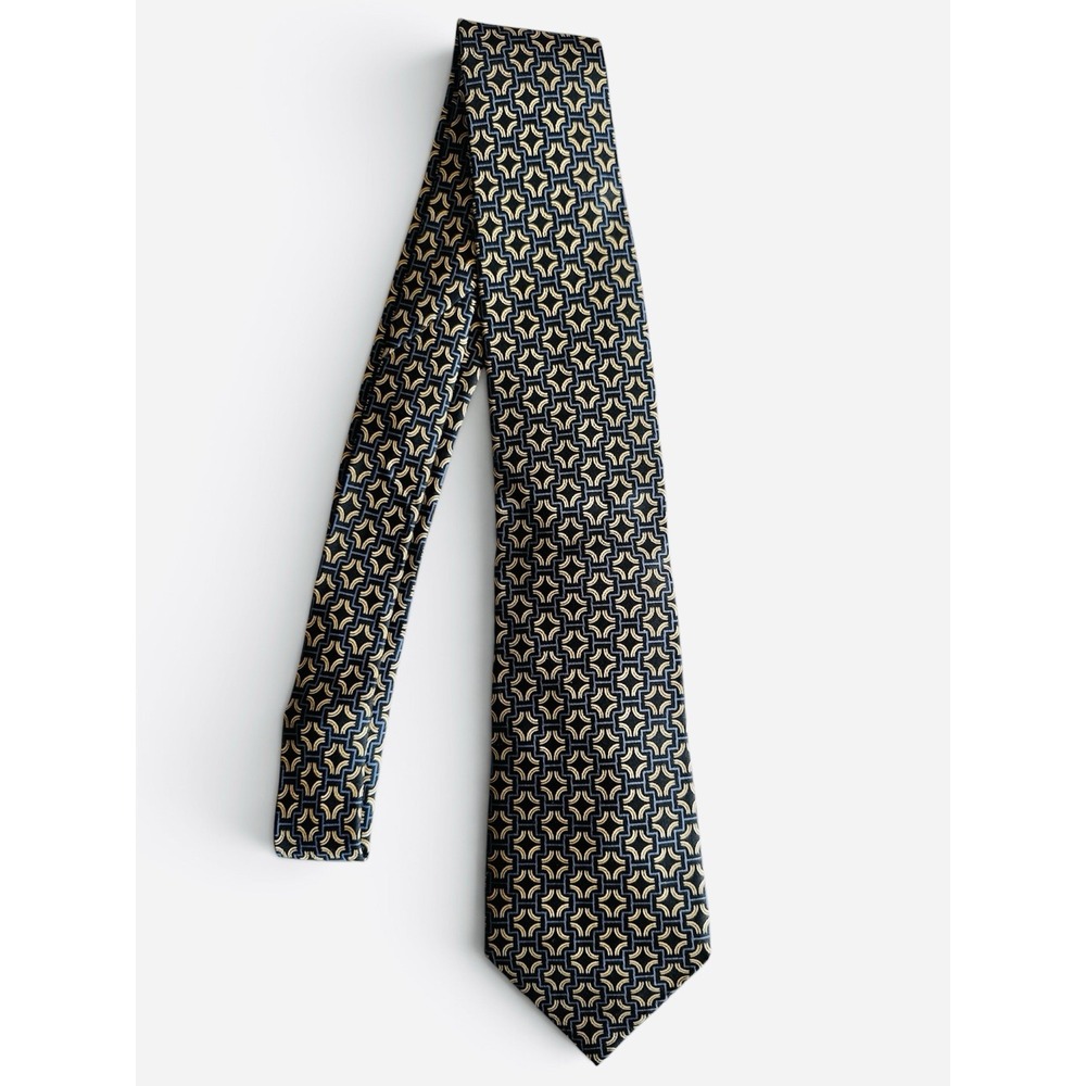 Vintage Hermès Paris 100% Silk Tie Navy Blue Gold Geometric Made France